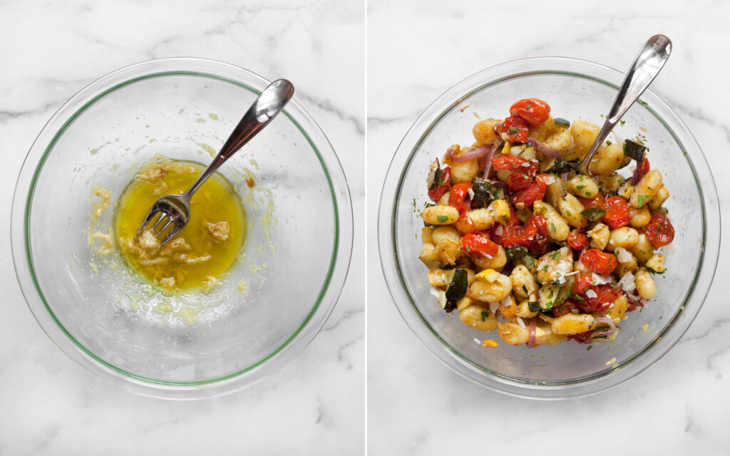 Mash the garlic into the olive oil in a bowl. Then stir in the gnocchi and vegetables.