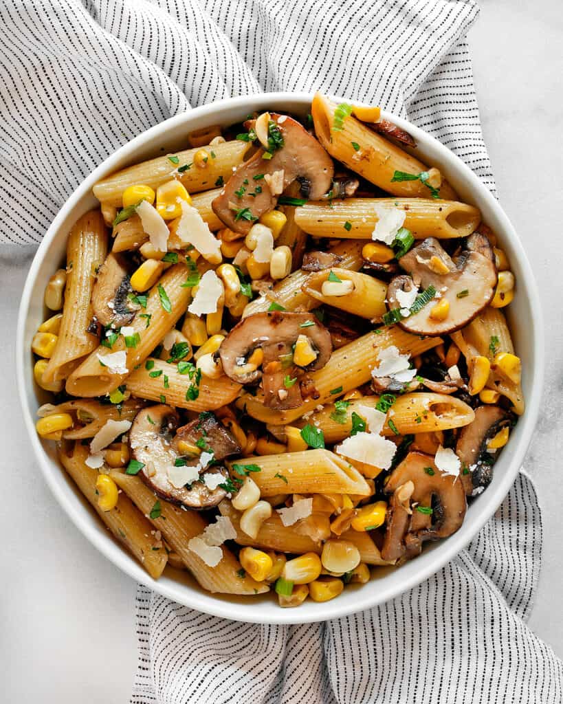 Mushroom corn pasta in a bowl.