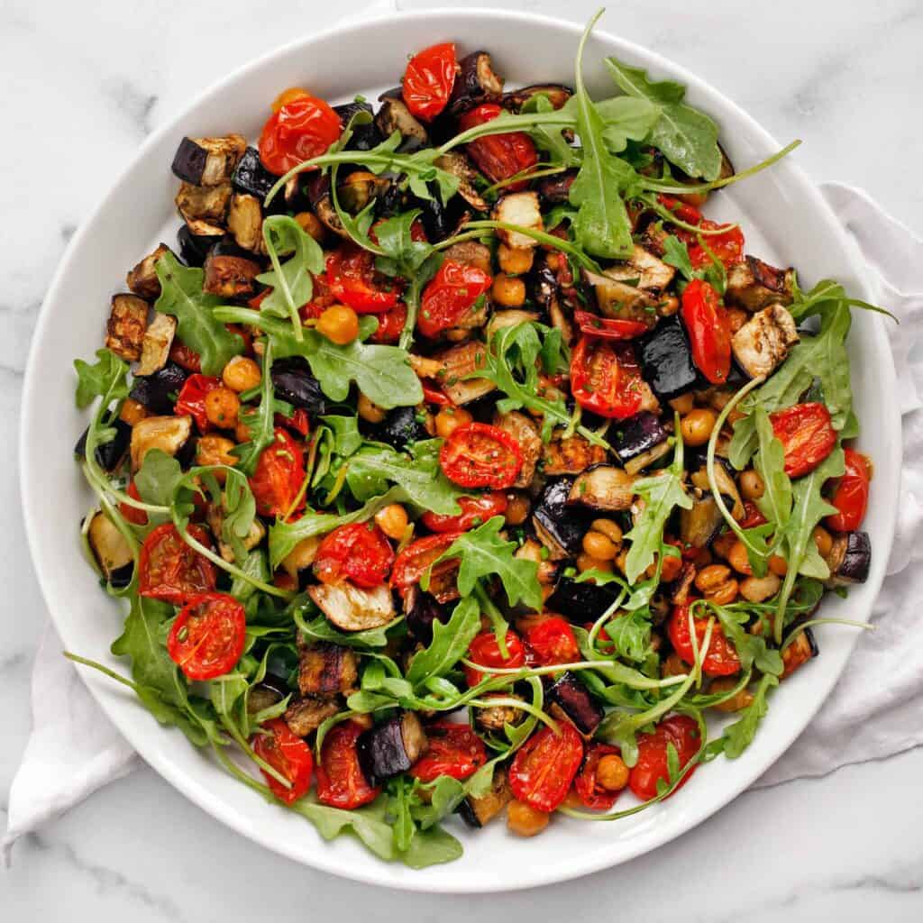 Roasted Eggplant Tomatoes and Chickpeas with Arugula