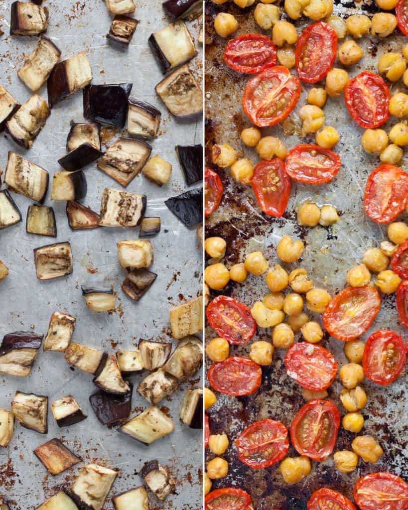 Roasted eggplant, tomatoes and chickpeas on sheet pans