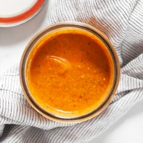 Roasted tomato vinaigrette in a jar.