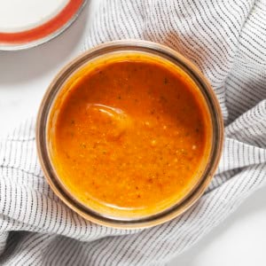 Roasted tomato vinaigrette in a jar.