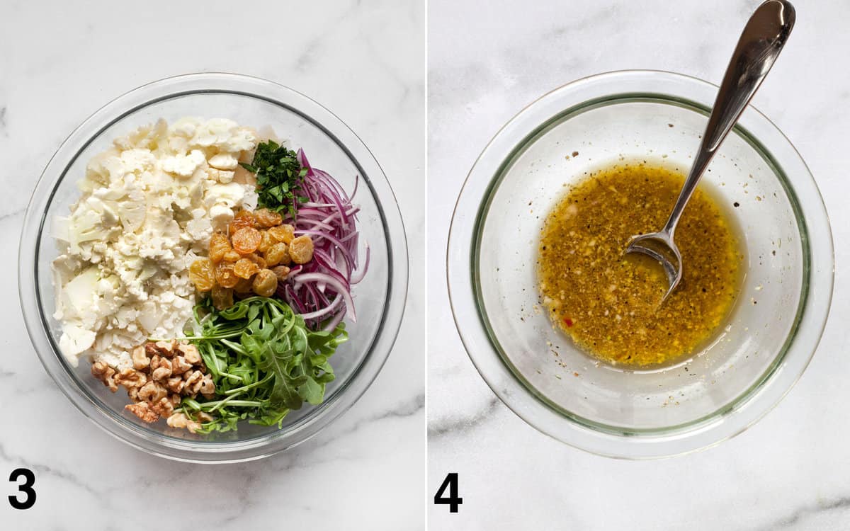 Salad ingredients in a large bowl. Vinaigrette whisked in a small bowl.