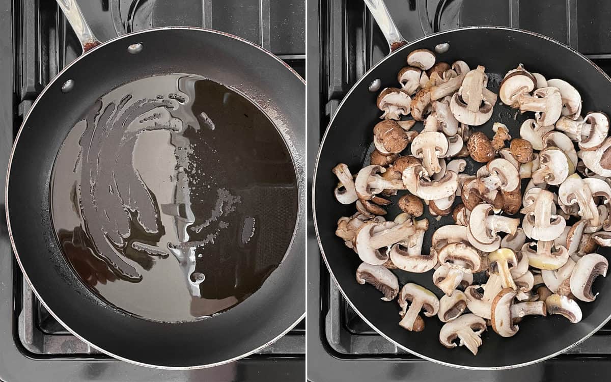 Heat the olive oil in a skillet. Then saute the mushrooms.