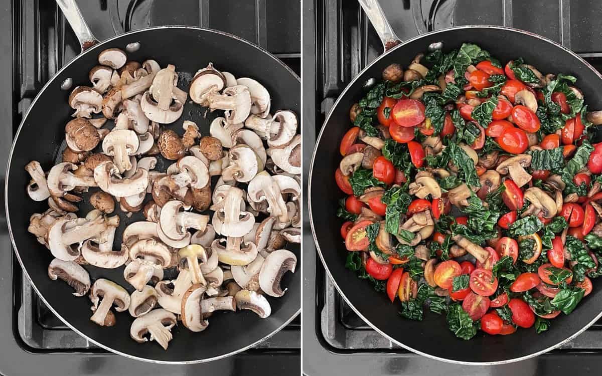 Keep sauteing the mushrooms in the skillet. Then stir in the tomatoes and kale.