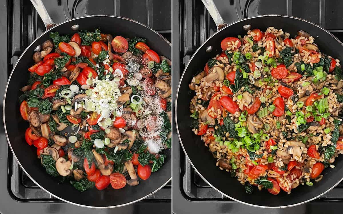 Stir the scallions and garlic into the vegetables in the skillet. Then stir in the farro.