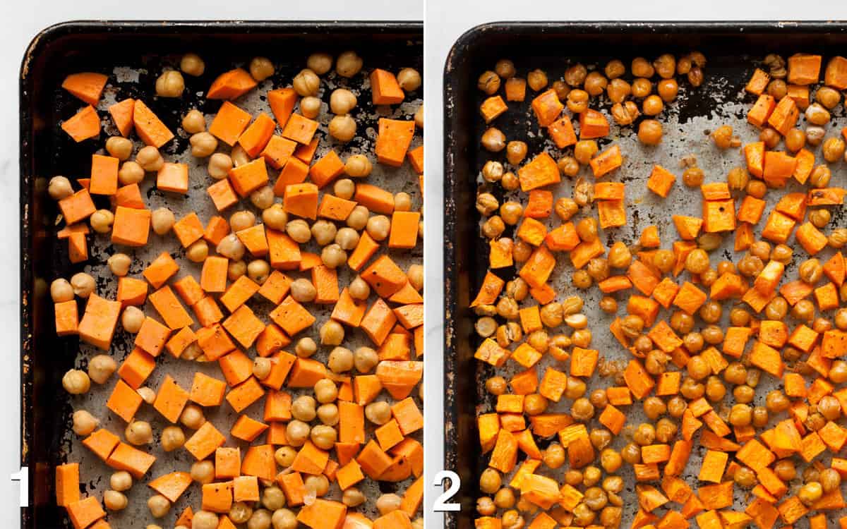 Sweet potatoes and chickpeas on a sheet pan before and after roasting.