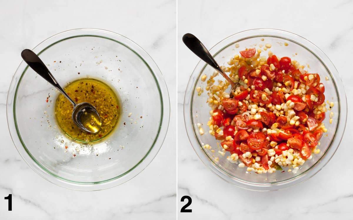 Make the vinaigrette in a large bowl. Then stor in the tomatoes and corn.