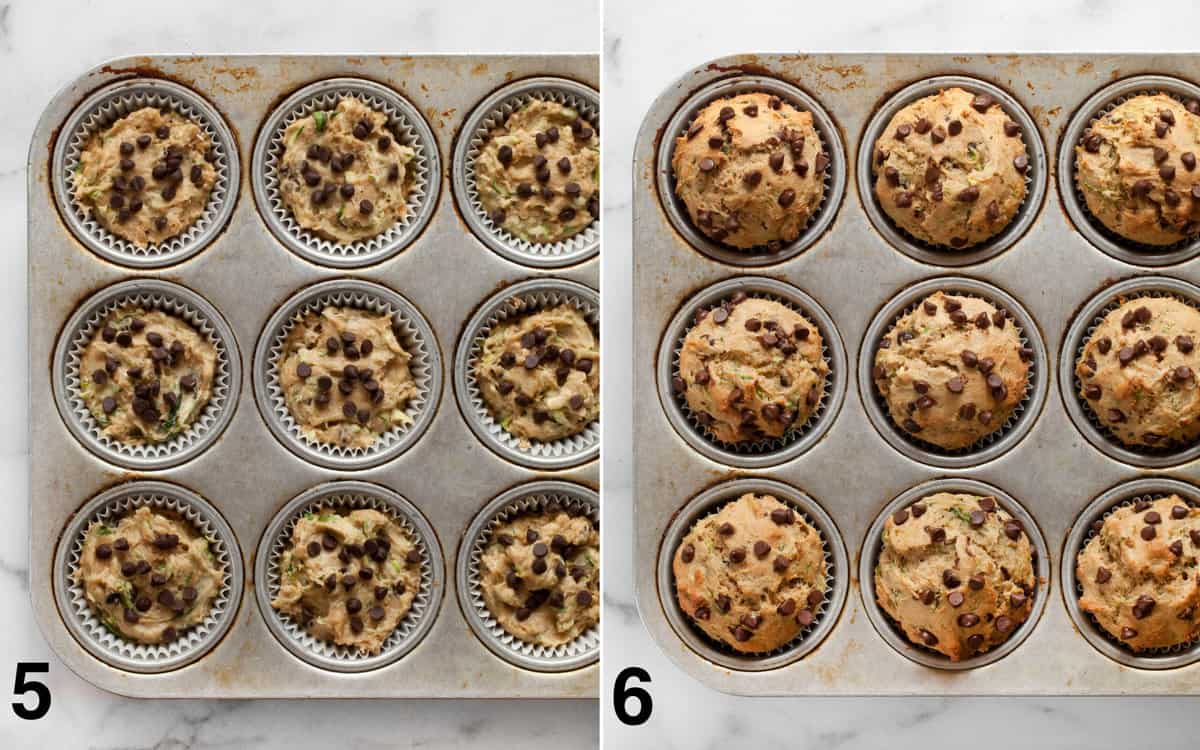 Spoon the batter into the muffin pan and top with chocolate chips; baked muffins in the pan.