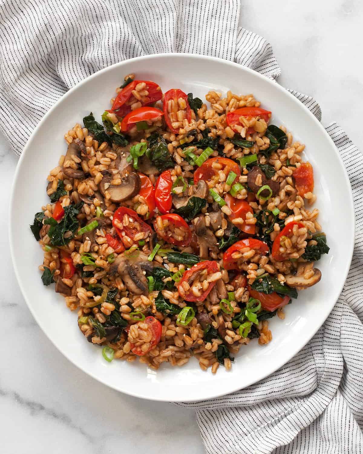 Mushroom farro with tomatoes and kale on a plate.