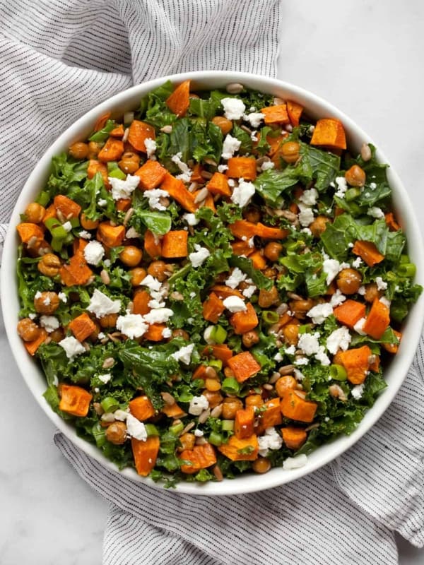 Sweet potato kale salad in a bowl.