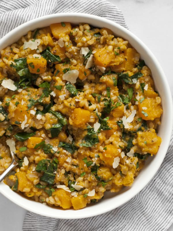 Baked butternut squash risotto in a bowl.