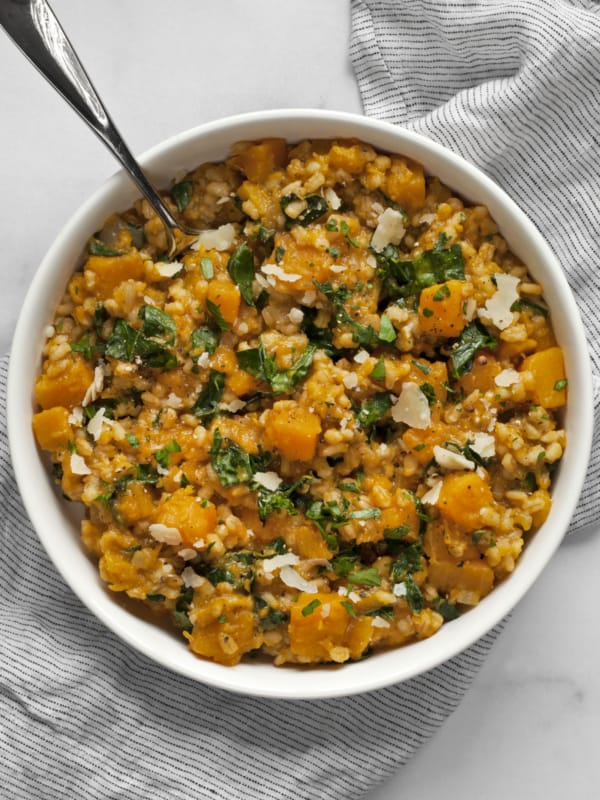 Baked squash risotto in a bowl.