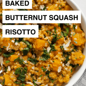 Baked butternut squash risotto in a bowl.