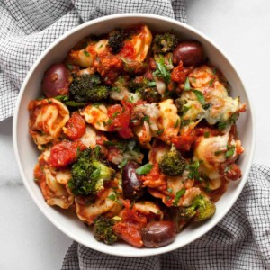 Tortellini pasta bake served in a bowl.