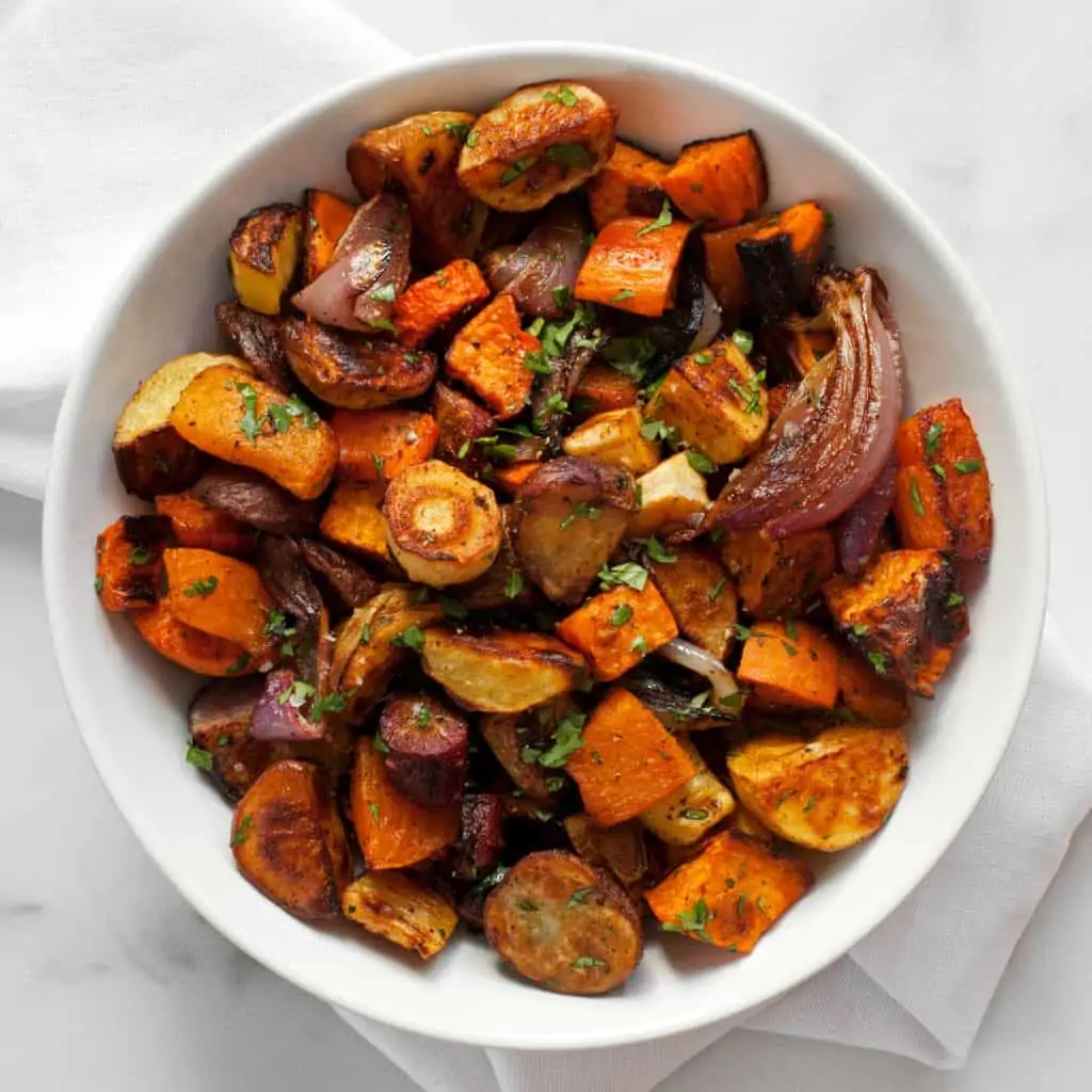 Assorted chili lime roasted vegetables in a bowl