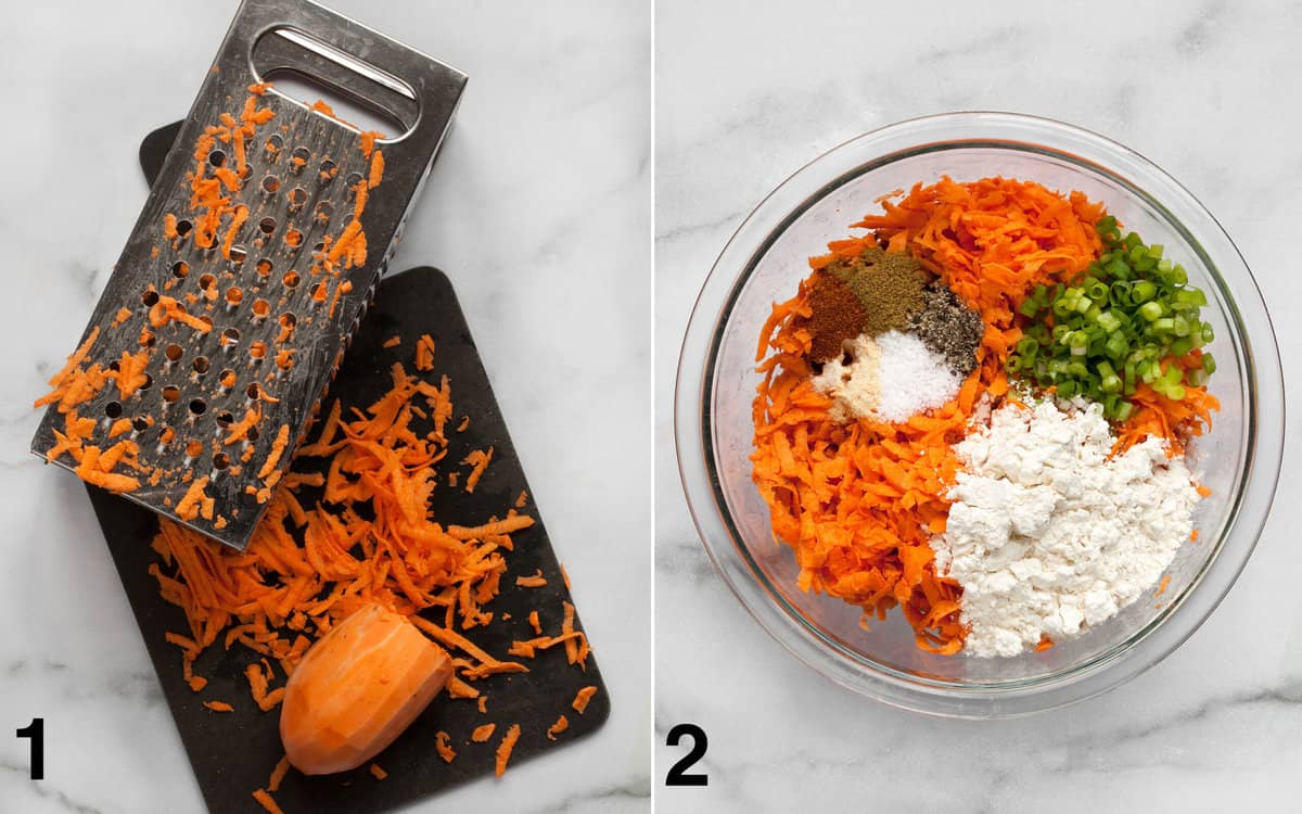 Grated sweet potato with a box grater. Shredded potato, spices, flour and scallions in a bowl.