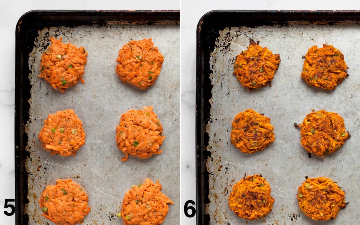 Fritters on a sheet pan before and after they are baked.