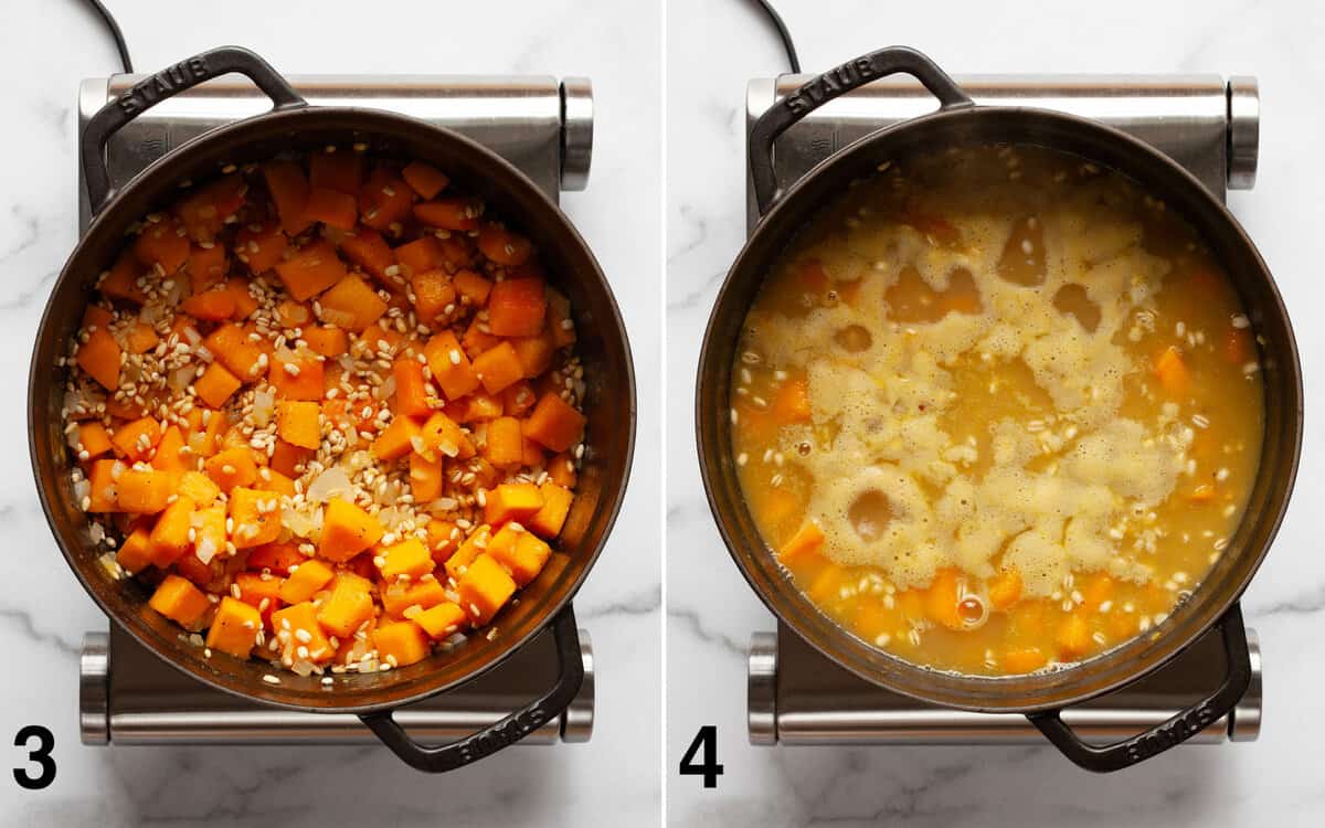Stir the barley into the butternut squash and onions. Pour in the vegetable broth and bring to a boil.