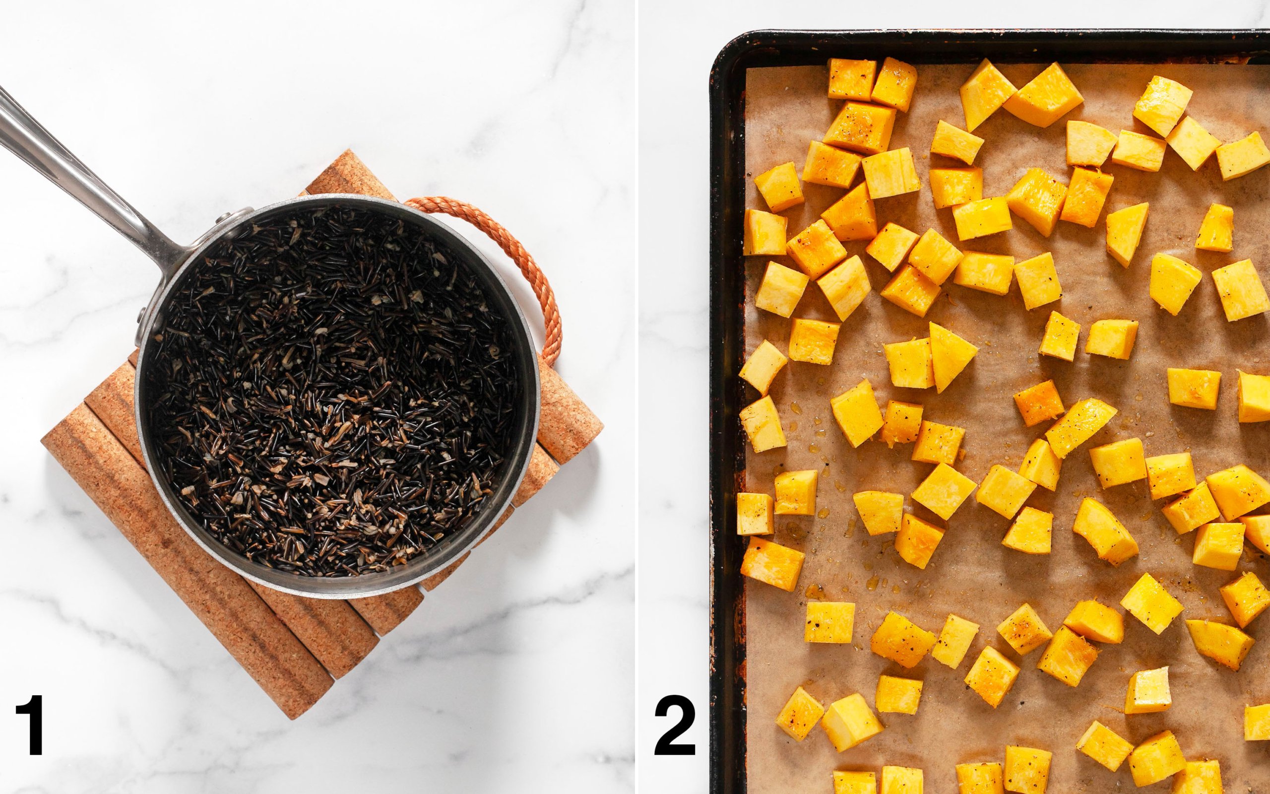 Cooked wild rice in a pot. Pumpkin on a sheet pan before you roast it.