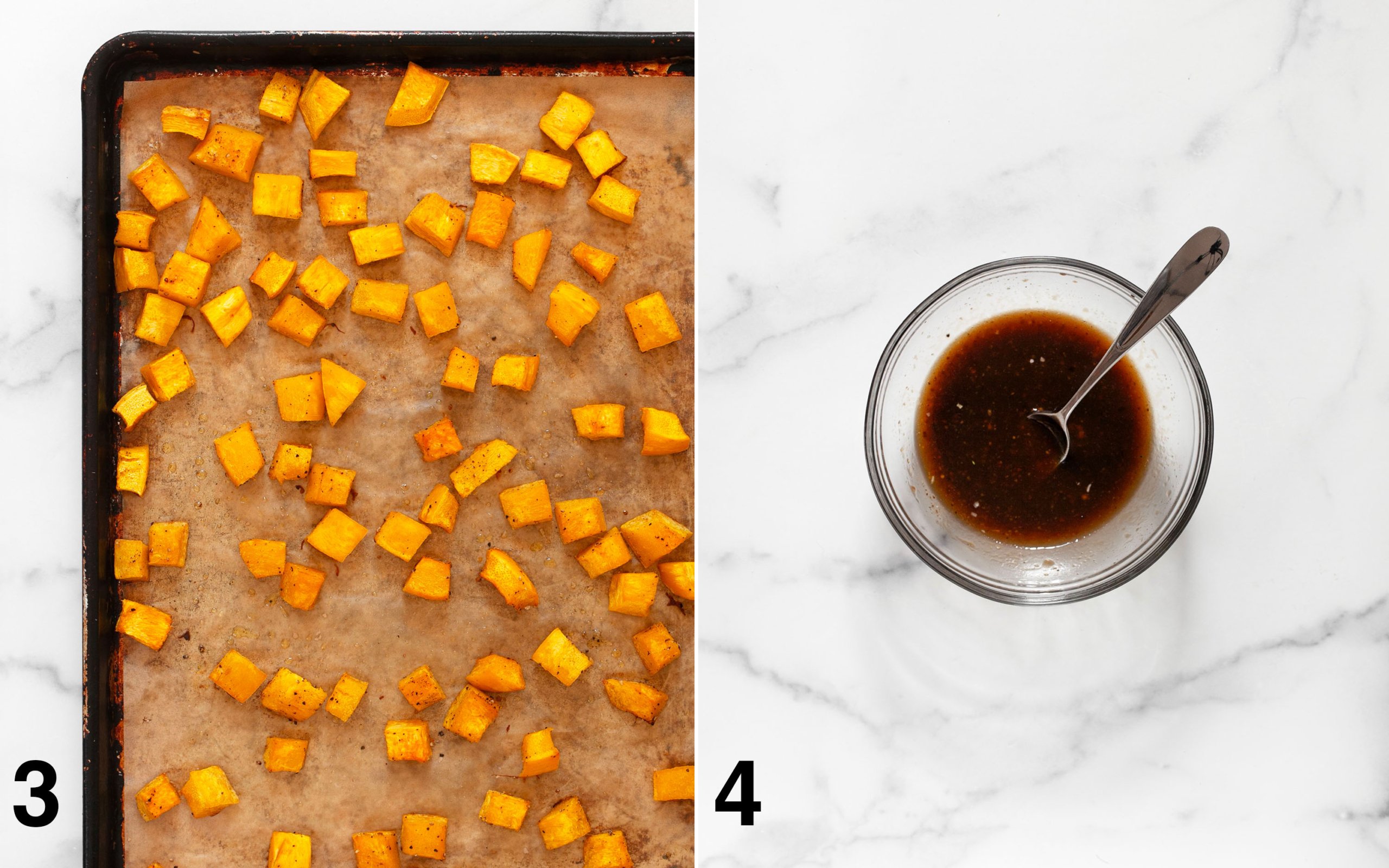 Roasted pumpkin on a sheet pan. Maple balsamic vinaigrette in a small bowl.