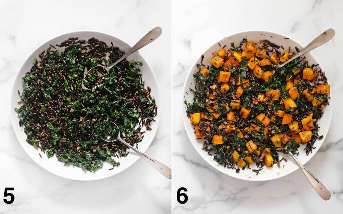 Wild rice and kale stirred in a bowl. Roasted pumpkin, red onions, walnuts and parmesan folded into rice.