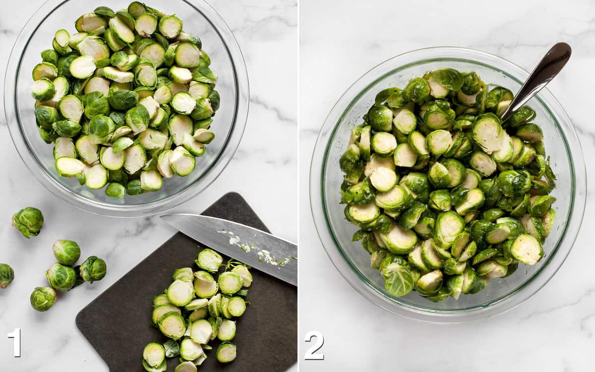 Thinly sliced brussels sprouts on a cutting board and in a bowl.