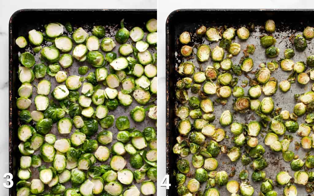 Brussels sprouts on a sheet pan before and after roasting.
