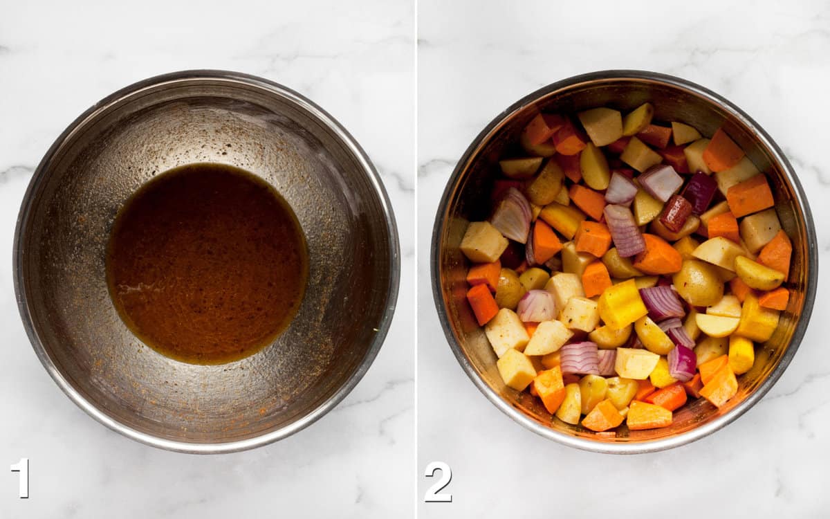 Marinade in a bowl. Vegetables stirred into marinade.