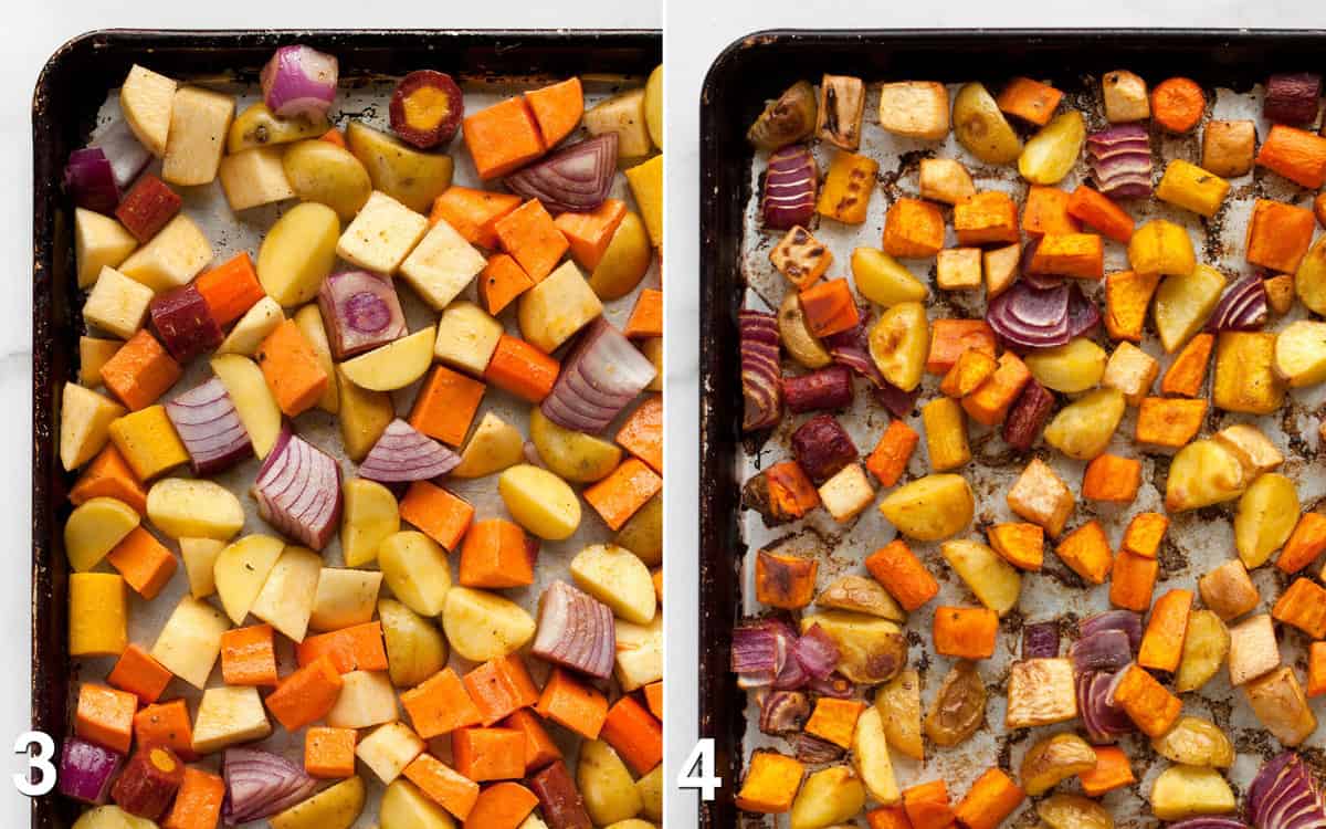 Raw root vegetables on a sheet pan. Roasted root vegetables on a sheet pan.