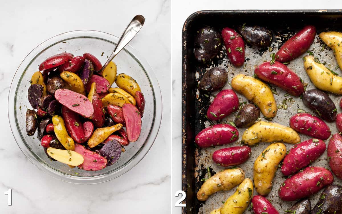 Potatoes in a bowl with olive oil, lemon juice and rosemary. Potatoes arranged on a sheet pan cut side down.