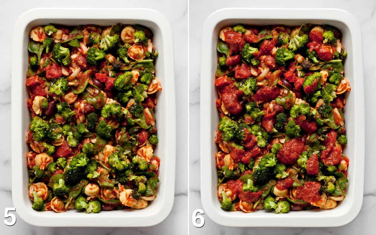 Broccoli is added to assembled pasta bake. Then tomato sauce is dolloped on top.