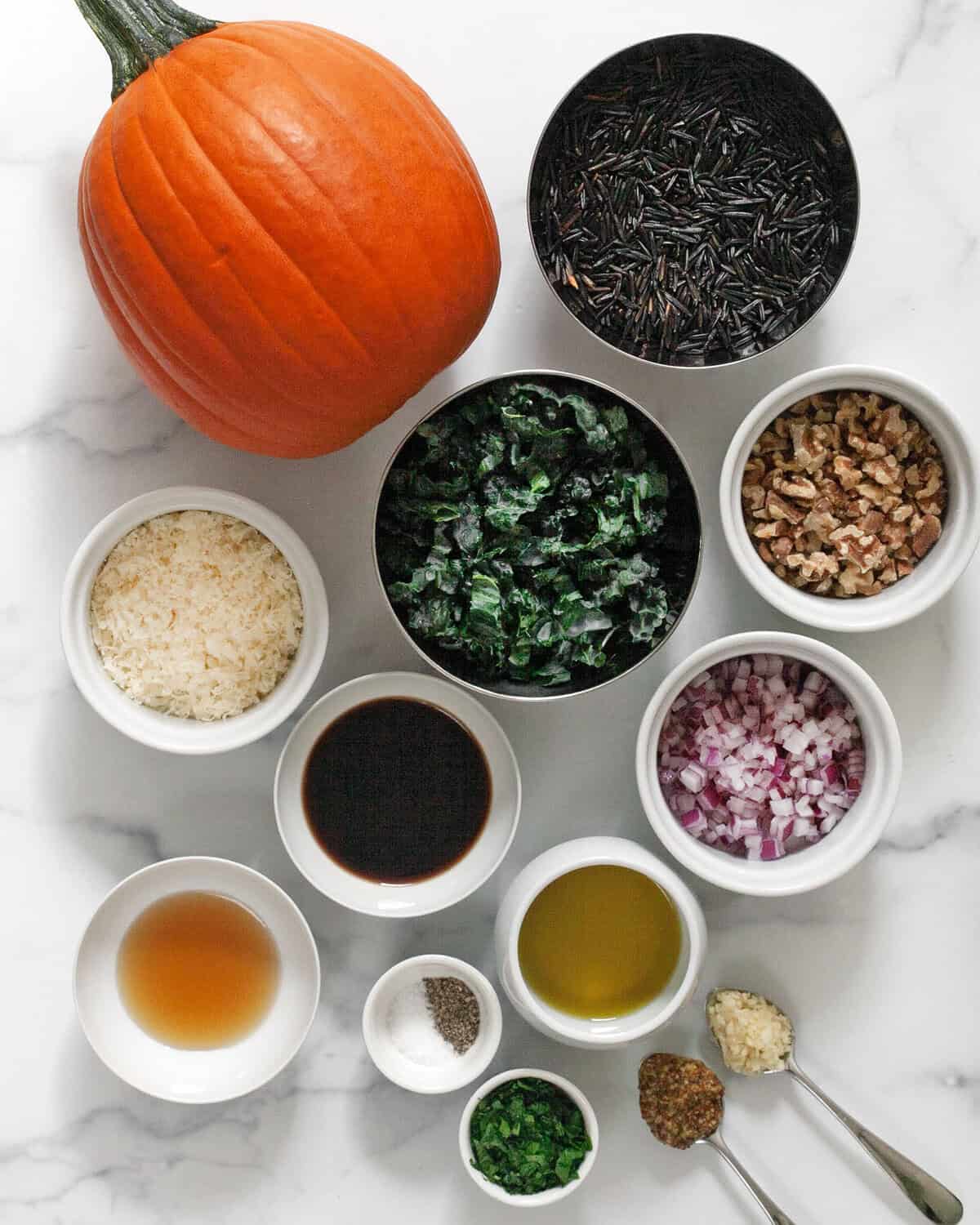 Ingredients including wild rice, pumpkin, kale, red onions, parmesan, walnuts, maple syrup, olive oil, balsamic vinegar, garlic, mustard, salt and pepper.
