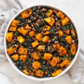Roasted pumpkin wild rice salad in a bowl.