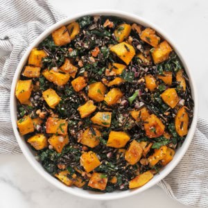 Roasted pumpkin wild rice salad in a bowl.