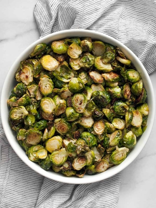 Bowl of roasted brussels sprouts.