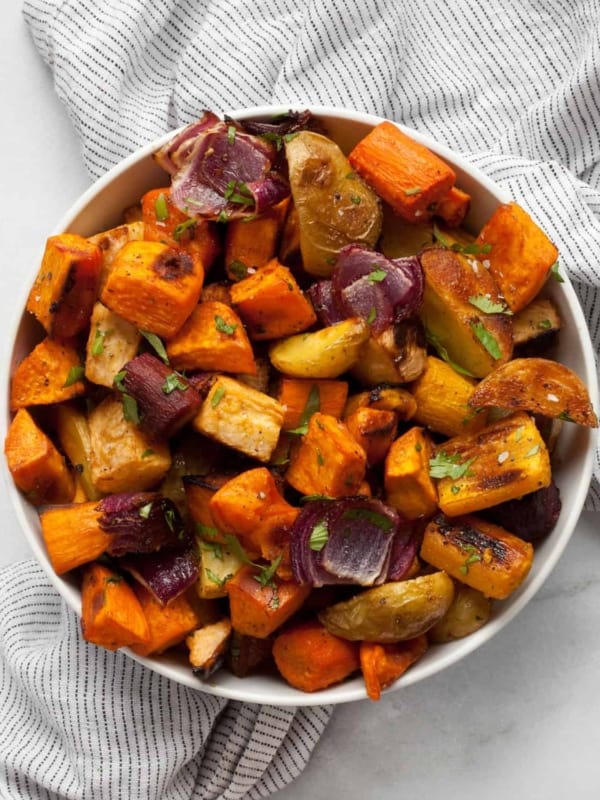 Roasted root vegetables in a bowl.