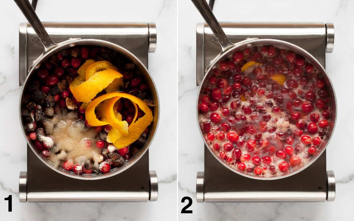 Cranberries, orange peel, sugar and water in a pot. Ingredients starting to simmer.