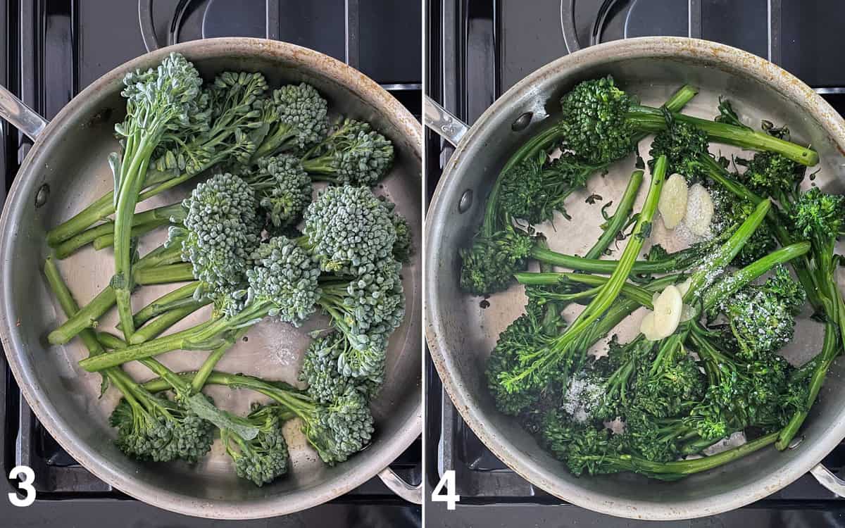 Saute the broccolini in the pan until it is bright green.