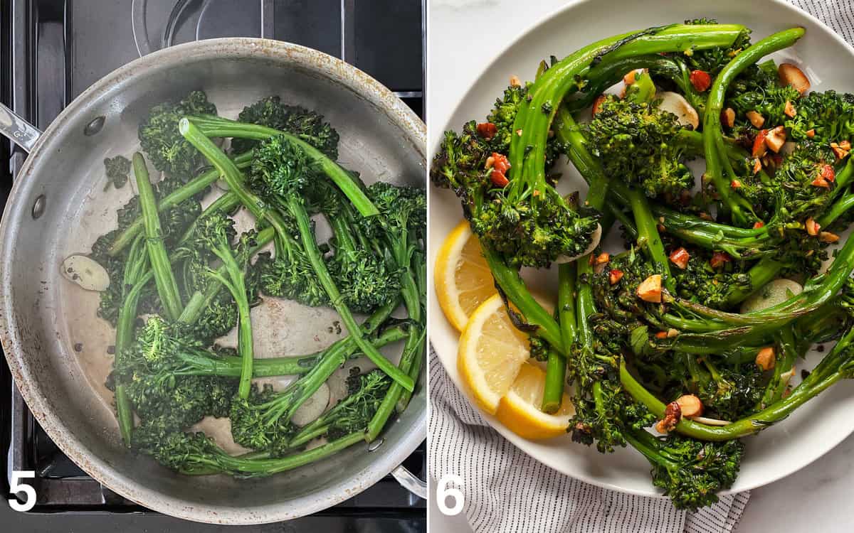 Steam the broccolini in the pan until it is tender. Then plate it with lemond wedges, almonds and parsley.