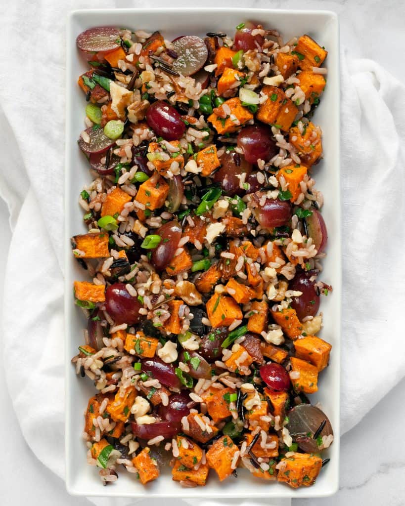 Wild rice with roasted sweet potatoes and fresh grapes