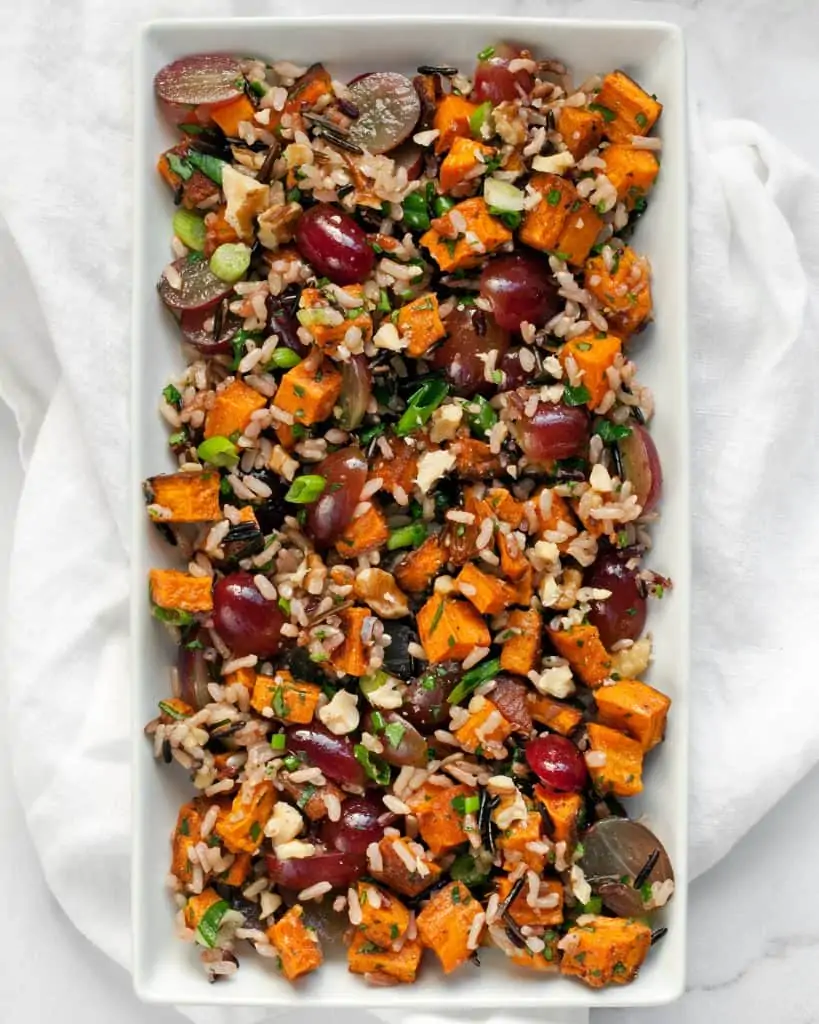Wild rice with roasted sweet potatoes and fresh grapes