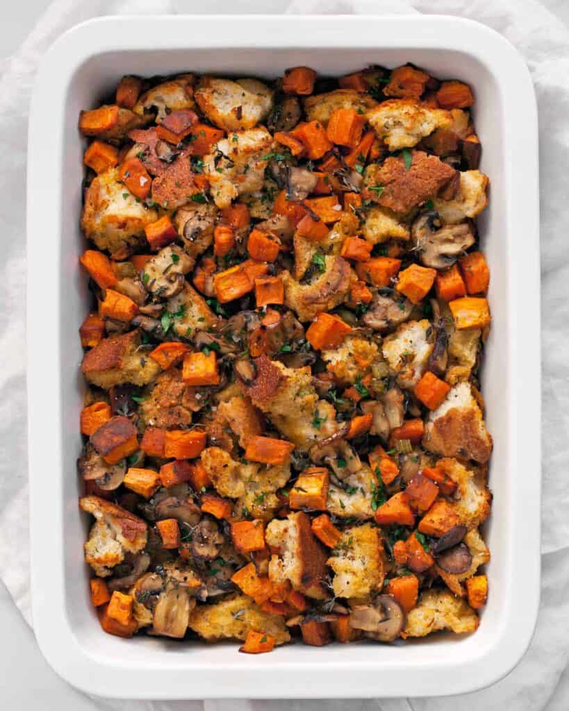 Sweet Potato Mushroom Stuffing in a baking dish