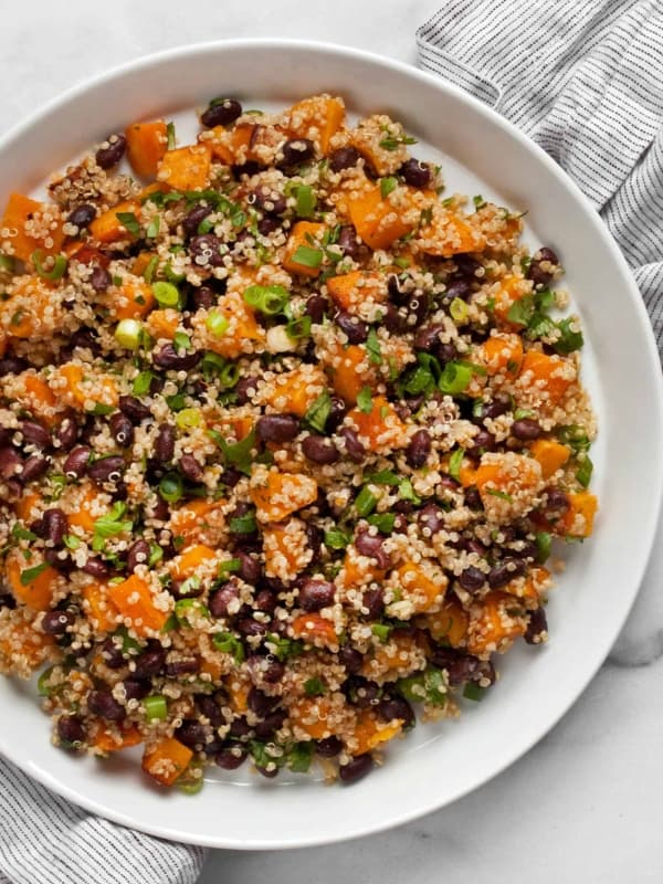 Butternut squash quinoa with black beans on a plate