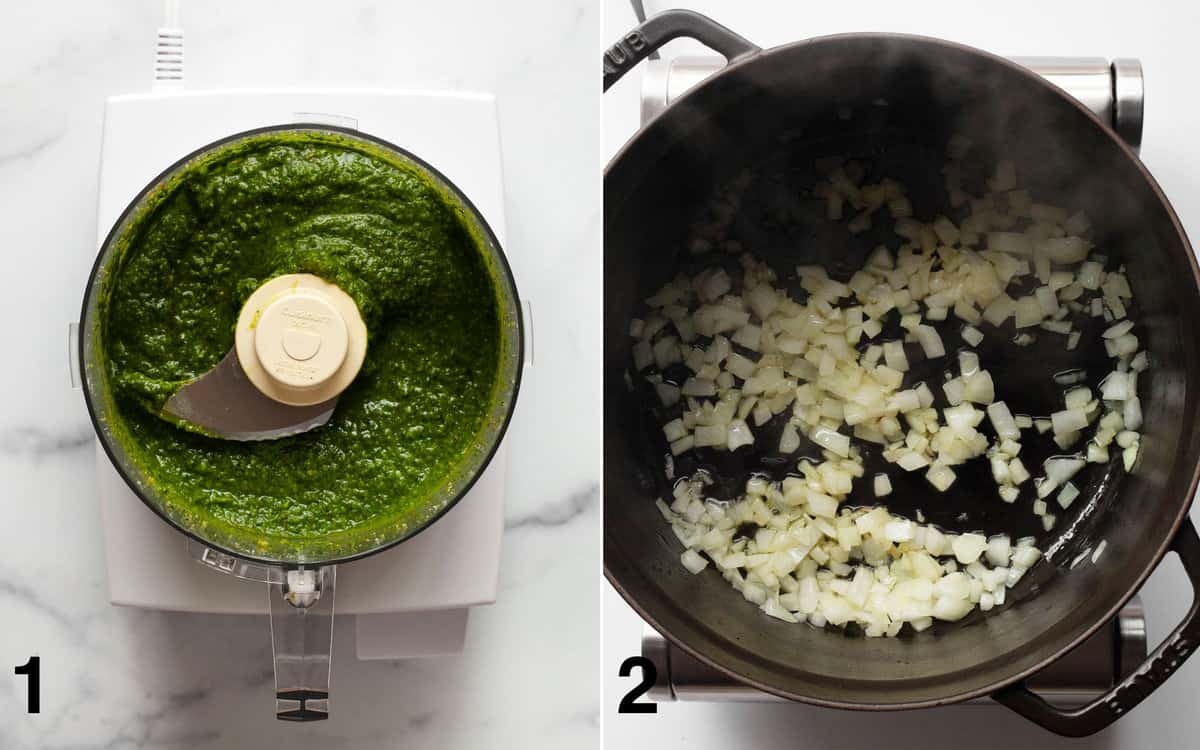 Kale pesto in a food processor. Onions sautéing in a dutch oven.
