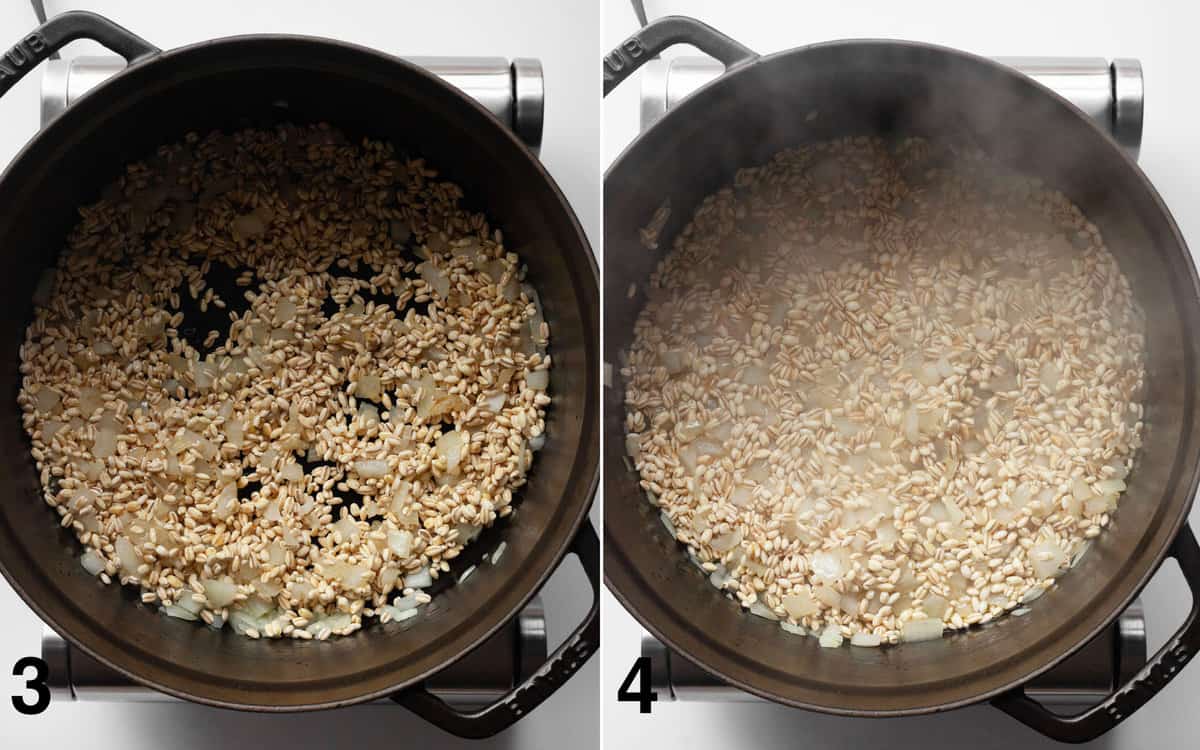 Barley sautéing with onions. Wine poured into barley-onion mixture in a dutch oven.