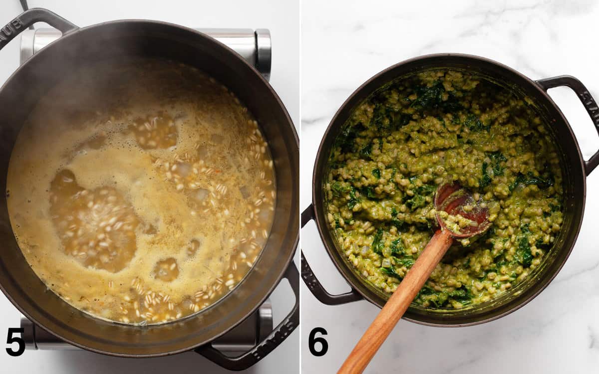 Vegetable broth simmering in dutch oven. Finished risotto with kale pesto and kale leaves stirred into it.