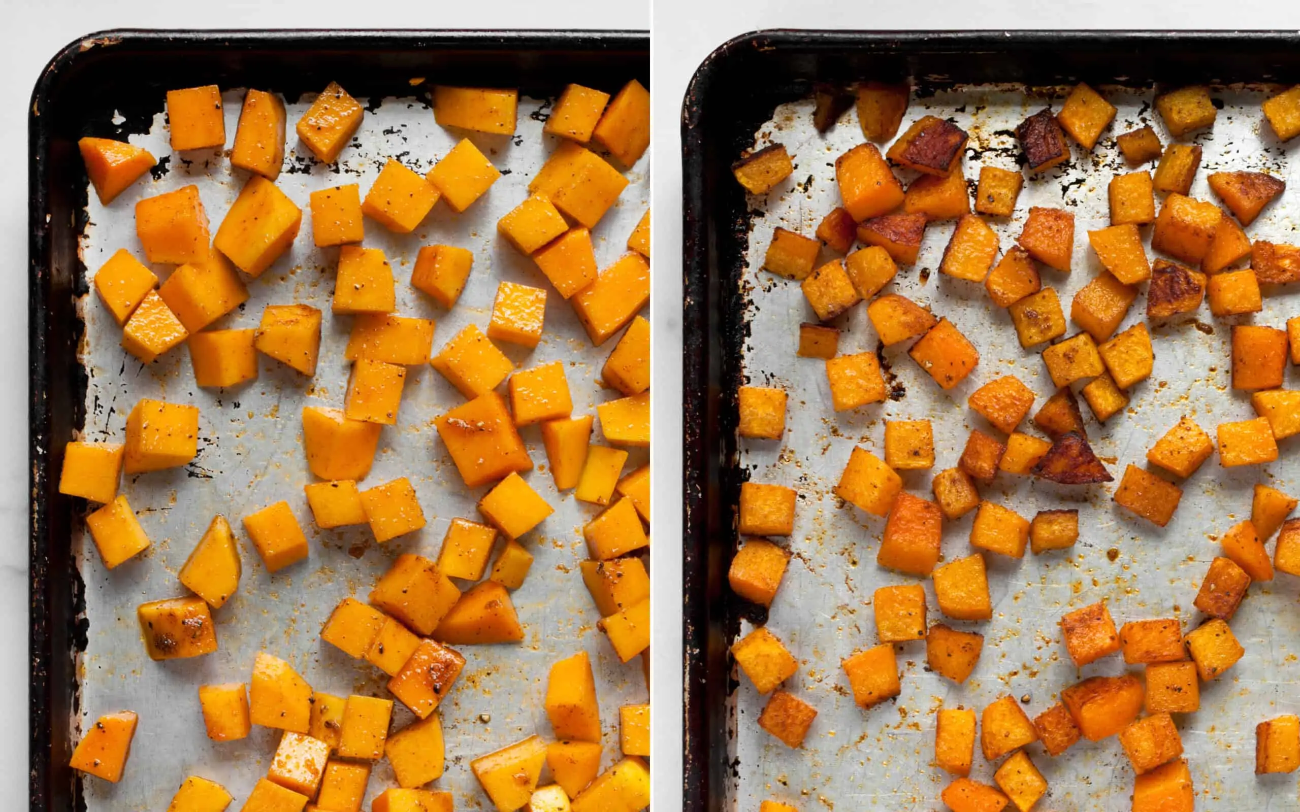Butternut squash on the pan before and after roasting