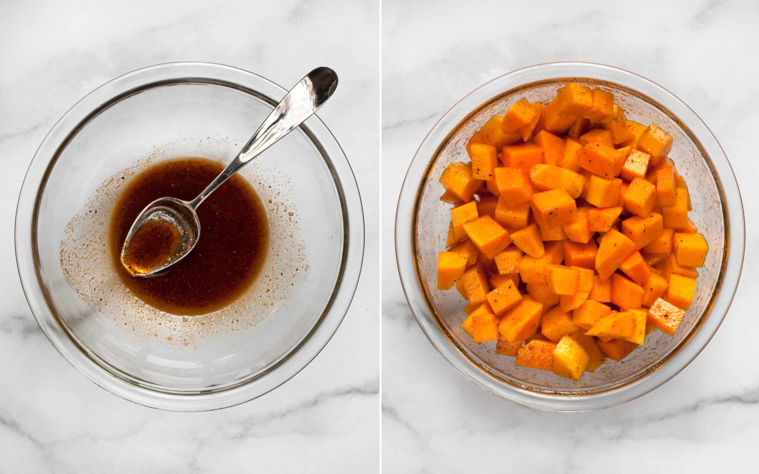 Stir the oil and spices together in a bowl. Then add the squash.