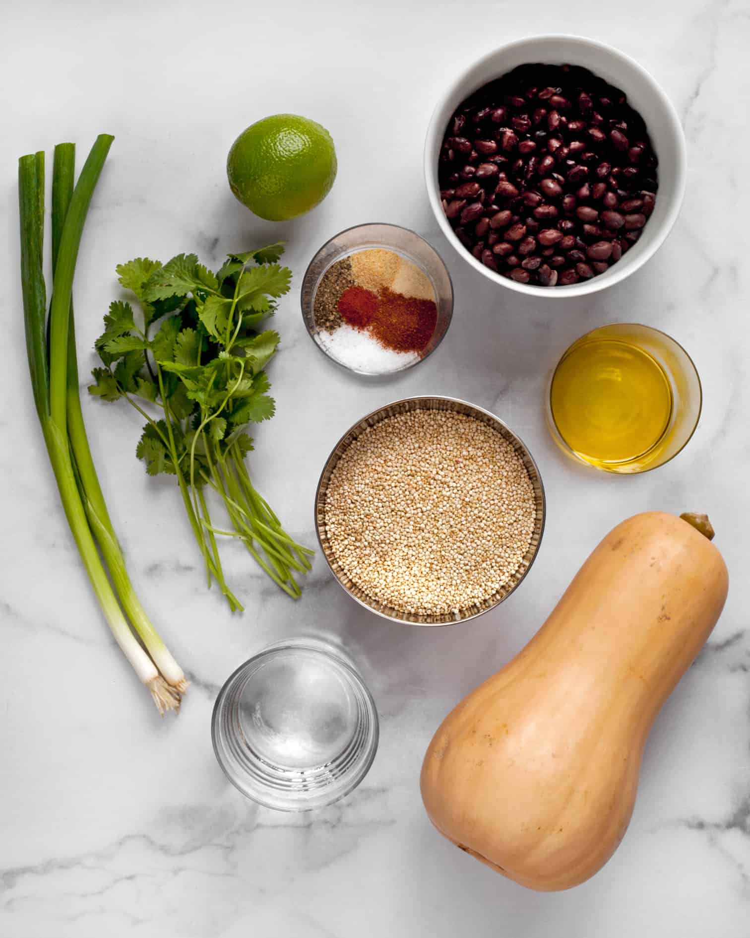 Ingredients including, butternut squash, beans, quinoa, scallions and cilantro